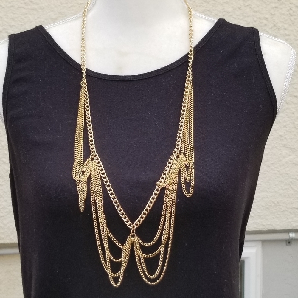 long gold tone chain waterfall necklace